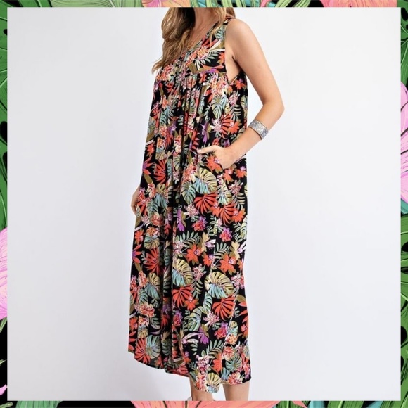 EASEL "Tropical Vibes" Lightweight & Oversized V-Neck Sleeveless Romper Jumpsuit - Picture 3 of 16